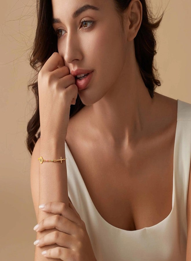 Raicegs Cross Bracelet with Initial 18K Gold M Initial Bracelets for Women Teen Colorful Dainty Link Chain Bracelets Christian Gifts for Women Faith Jewelry - Image 5